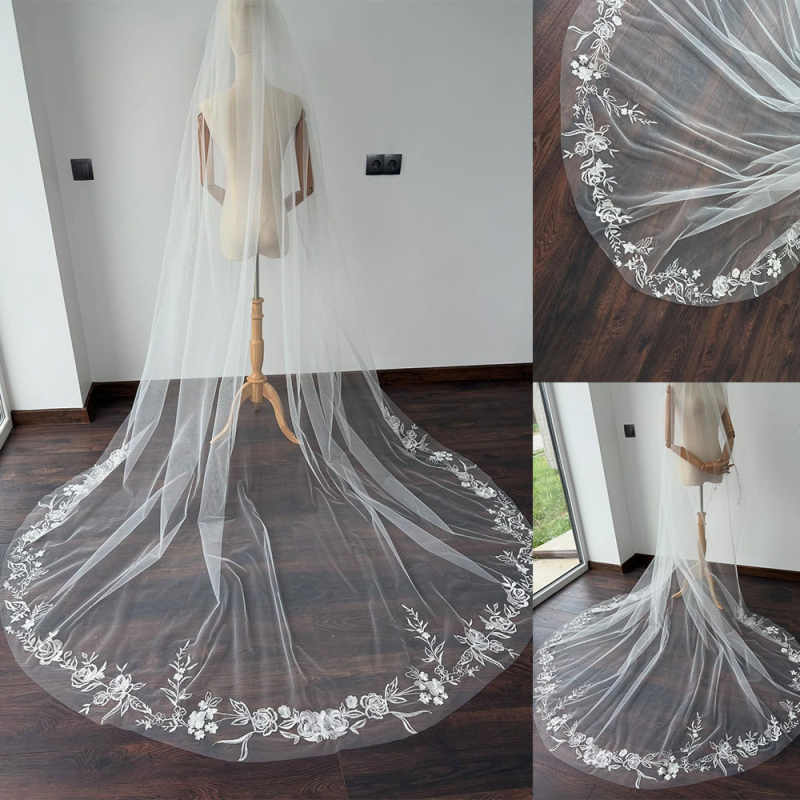 3M Long Cathedral Bridal Veil Flowers Lace Edged Appliques with Comb 1 Tier Veil Wedding Bride Accessories Customized