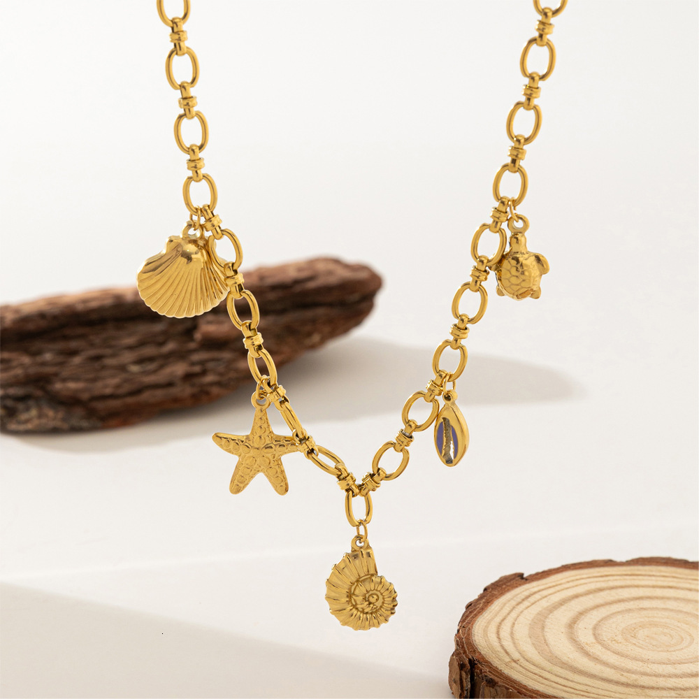 Ocean Series Pearl Starfish Turtle Pendant Stainless Steel Long Necklace Non-Fading Collarbone Chain for Women ddmythur