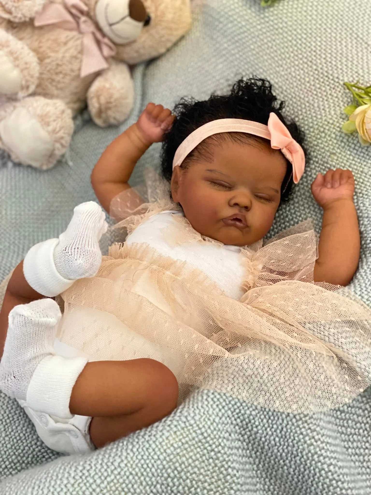 18-inch NPK Reborn Baby Doll Quinbee Newborn Lifelike Soft Touch Dark Skin 3D Painting with Hand Root Hair Cuddly Toy W250728