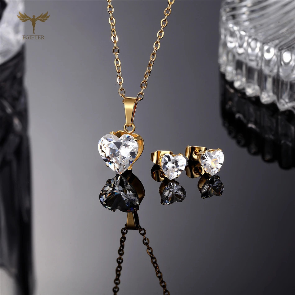 Geometric Zircon Stud Earrings Pendant Necklace Golden Stainless Steel Jewelry Set for Women Girls Accessories Christmas Gifts 250715