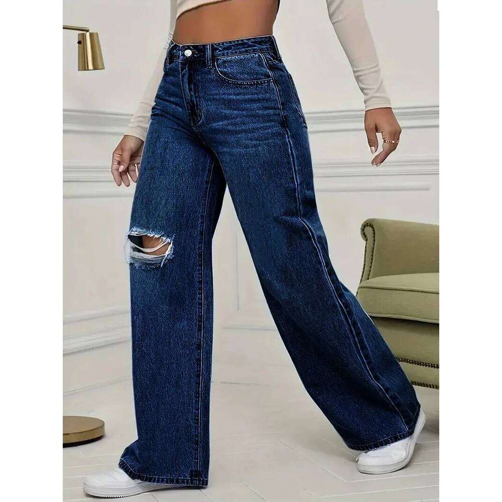 Washed Personality Hole Loose High Waist Denim Wide-leg Pants,Women's Four Seasons New Classic Fashion Casual Floor-length Jeans