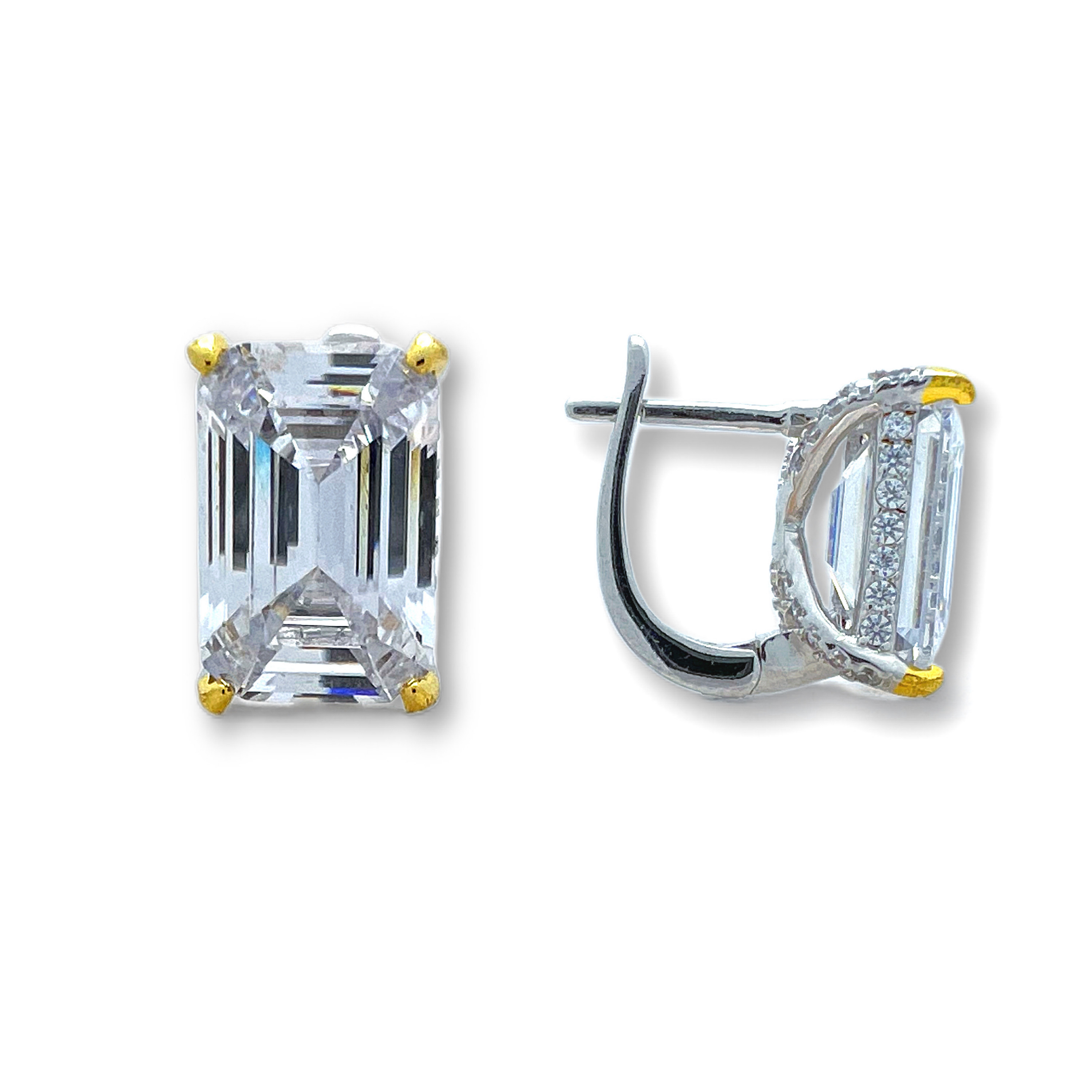 Luxurious square studs with shiny geometric cuts and contrasting gold claws