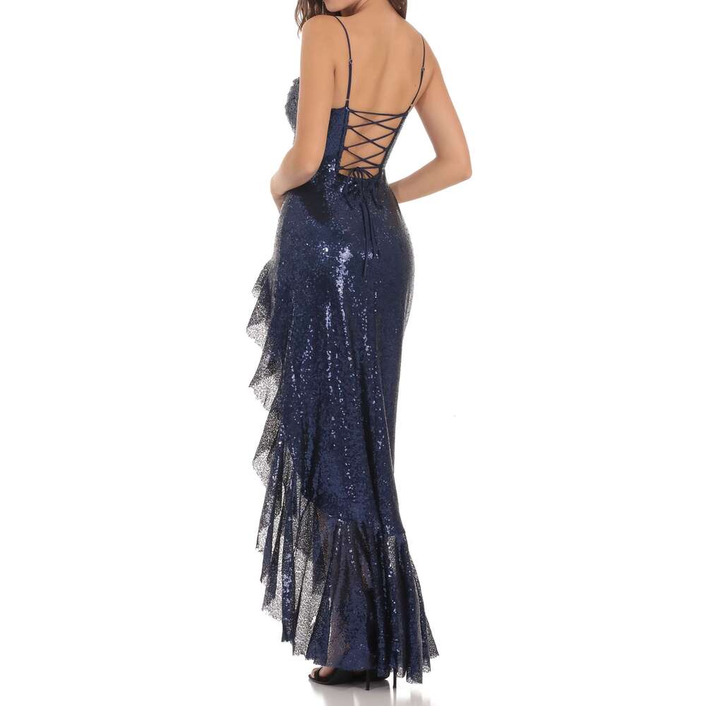 Elegant Deep Blue Sequin with High Slit - Sleeveless, Ruched Design, Floor-Length Dress Women, Perfect for Parties & Events, Formal Evening Gown