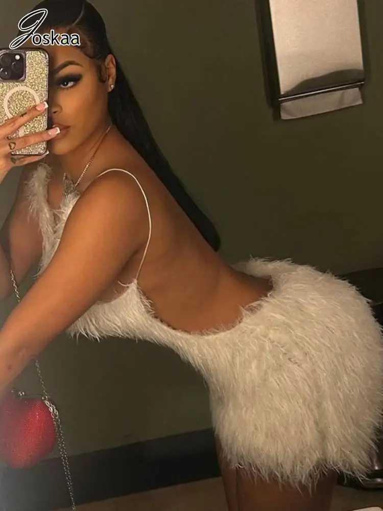 Joskaa Sexy Furry Mini White Dress Women Hipster Spaghetti Strap Low Cut Backless Body-Shaping Dresses for Birthday Party Clubwear Z250728