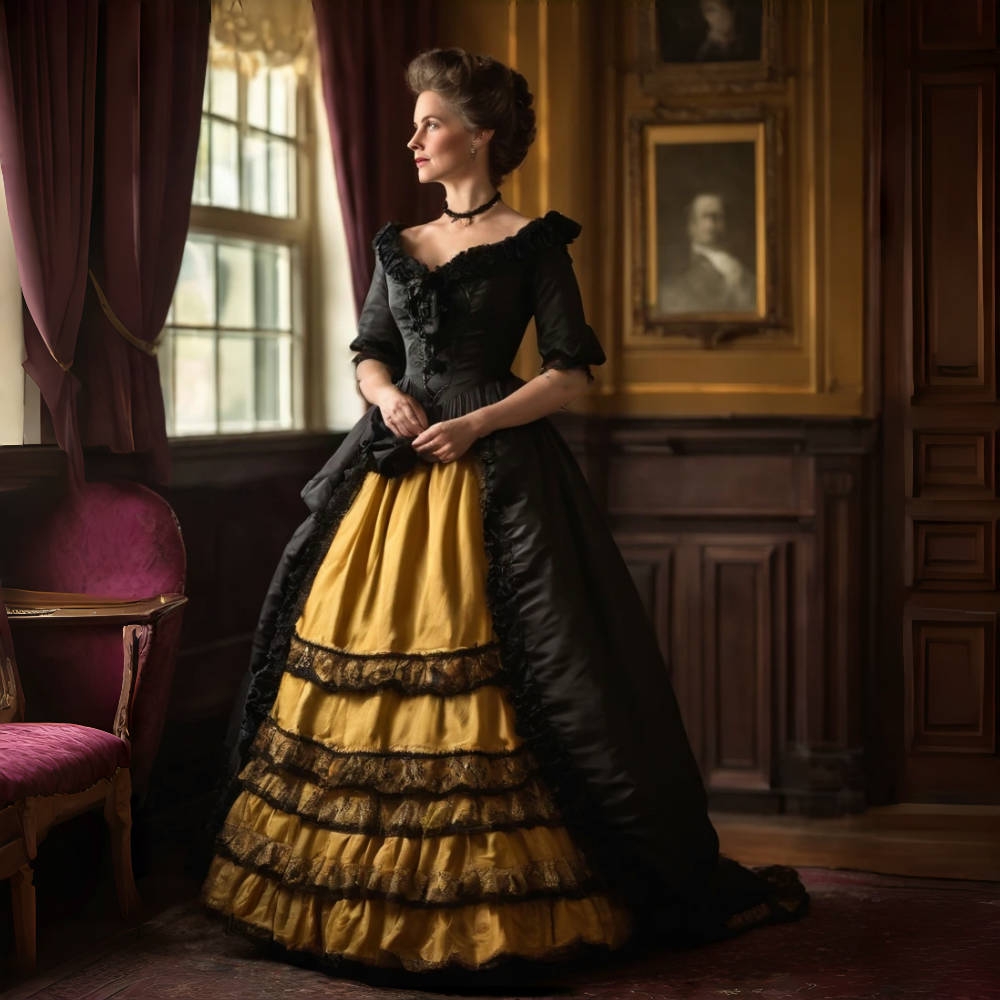 Vintage Victorian Black Ruffles Prom Dresses 18th Corset Gothic Black Evening Gown V-Neck Half Sleeves Customized Masquerade Costume For Women