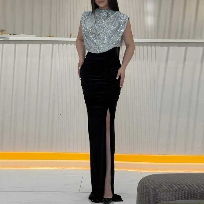 Fashion Temperament Sequins Stitching Dresses Women Solid Color Party Dress Elegant Women O Neck High Slit Maxi Dress Z250728