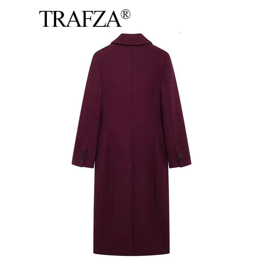 TRAFZA Women Fashion Bury Woolen Coat Double Breasted Long Sleeve Lapel Blends Jacket Autumn Winter High Street Outerwear
