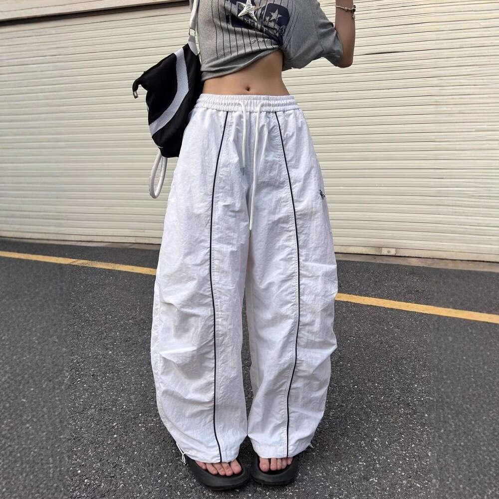 American Style Pleated Striped Sports Cargo Paratrooper Unisex Casual Loose Wide Leg Scimitar Pants Trendy