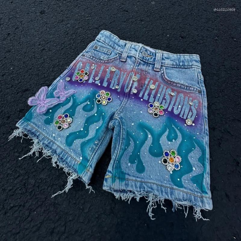 Men's Shorts Tassel Flame Print Pattern Rhinestone Butterfly Decoration Loose Denim Retro American Street Men Women Fashion Jeans