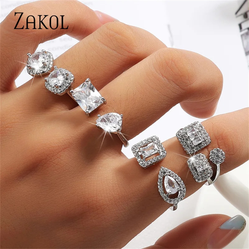 ZAKOL Shinny Geometric Square Crystal Open Rings Fashion Cubic Zirconia Engagement Ring for Women Wedding Jewelry 250728