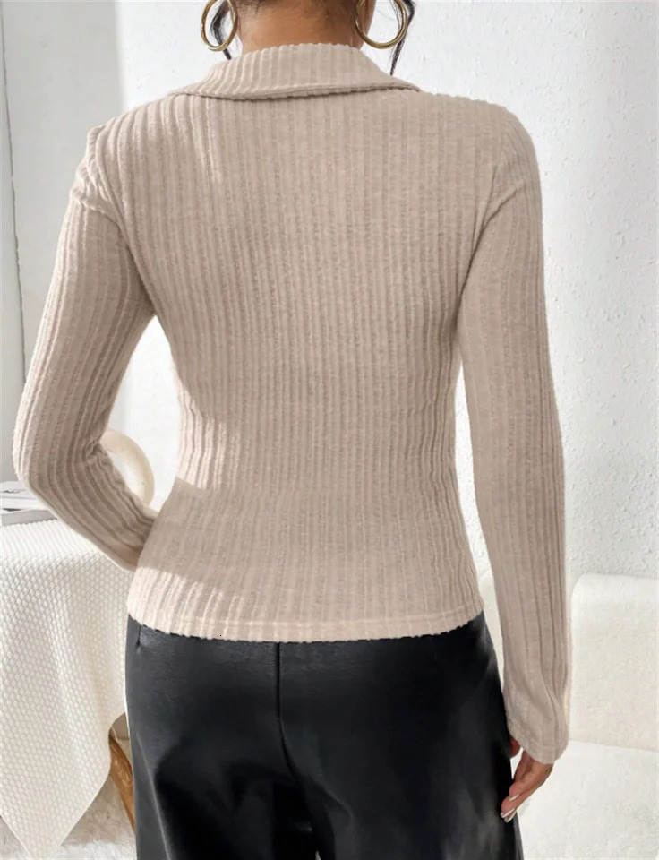 Womens Plain Zip Up Ribbed Crop Tee Elegant Slim Fit Long Sleeve Collared Top for Spring Fall Daily Wear 250728