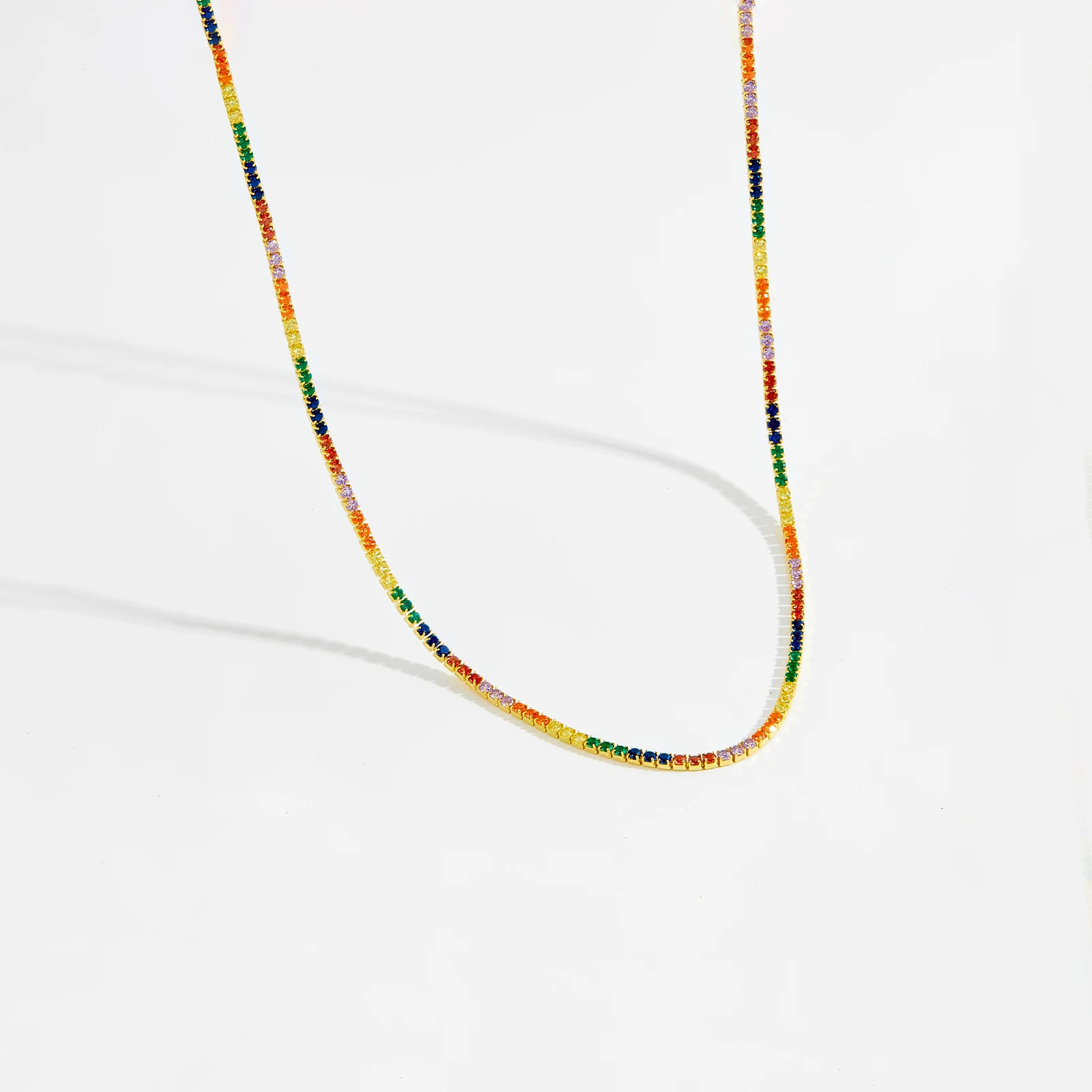 ANDYWEN 925 Sterling Silver Gold Rainbow Zircon CZ 2mm Tennis Chain Choker Necklace Women Party Colorful Birthday Gift 250722