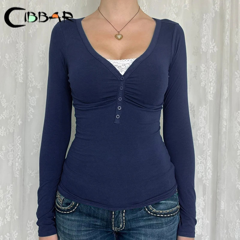 2000s Aesthetic Spring Patchwork Twopiece Tshirt Vintage Stitching Button Crop Top Women Y2k Full Sleeve T Shirts 250728