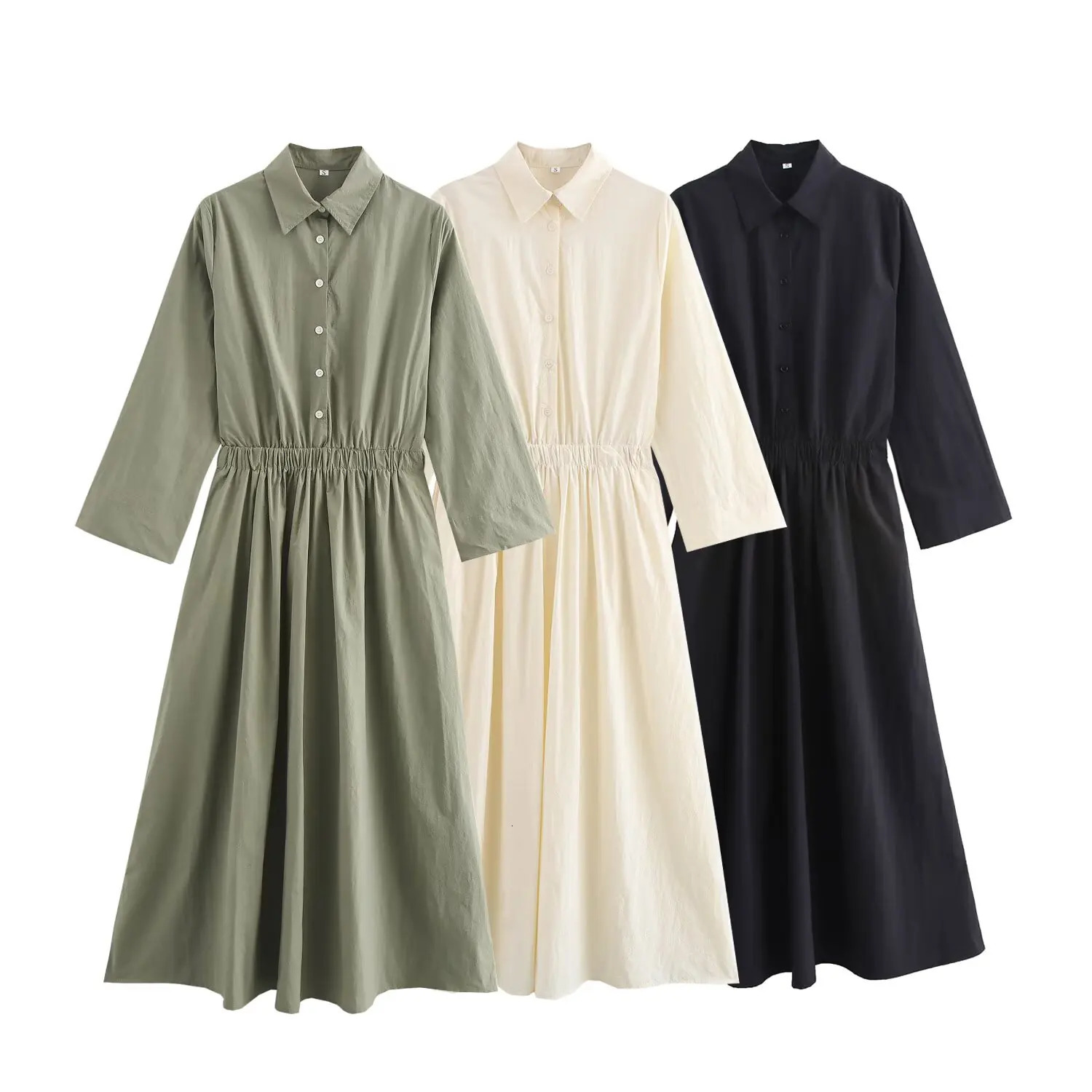 Womens Clothing Fashion Solid Color Temperament Waist Midi Long Shirt Style Side Pocket Dress 250728