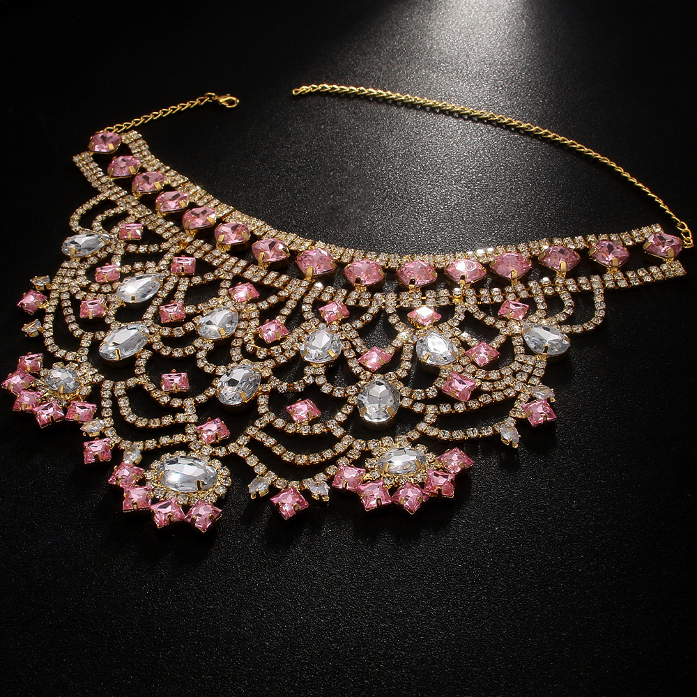 Stonefans Pink Exaggerated Choker Necklace for Women Wedding Jewelry Charming Oversize Rhinestone Chunky Choker Chain Drag Queen 250118