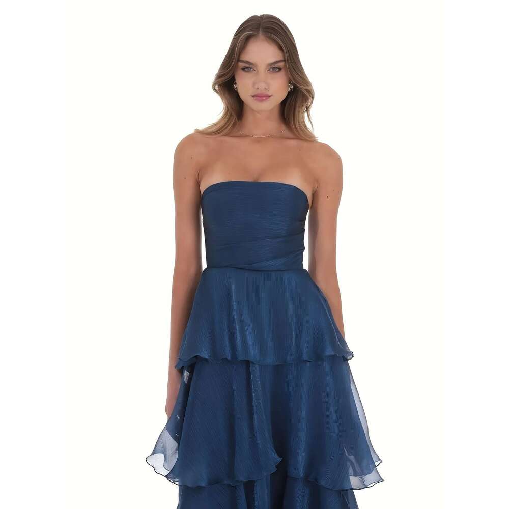 Navy Blue Layered Ruffle Hem A-Line Bridal Gown for Galas & Evening Events