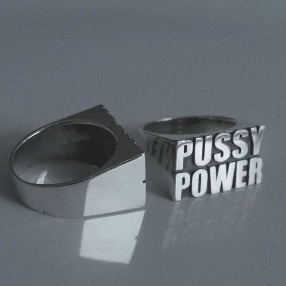 Punk Style Mens Ring Engraved PUSSY POWER Silver Color Fashion Ring Hiphop Jewelry Birthday Party Finger Accessories 250723