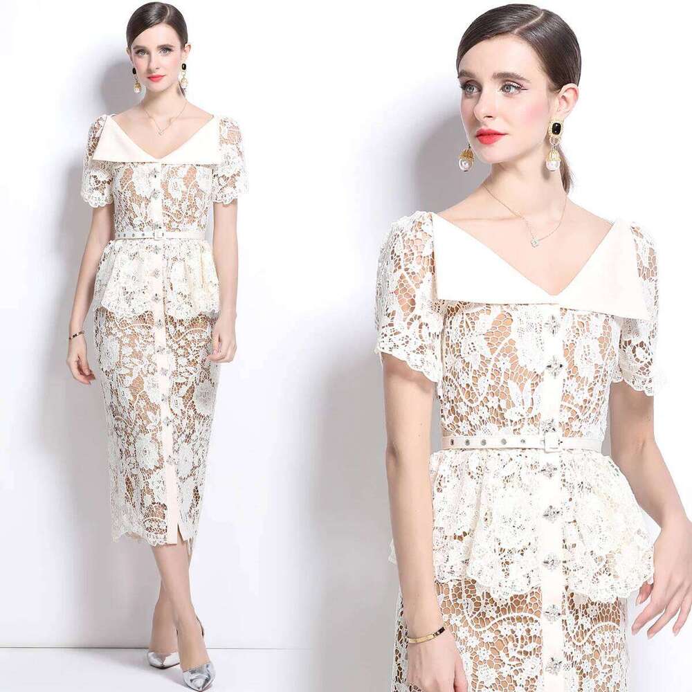 Designer Clothing 2025 Quality Summer Beaded Dias Embroidery Beige White Lace Evening Dress Women Short Sleeve Ruffle Peplum Midi Prom Dresses Long