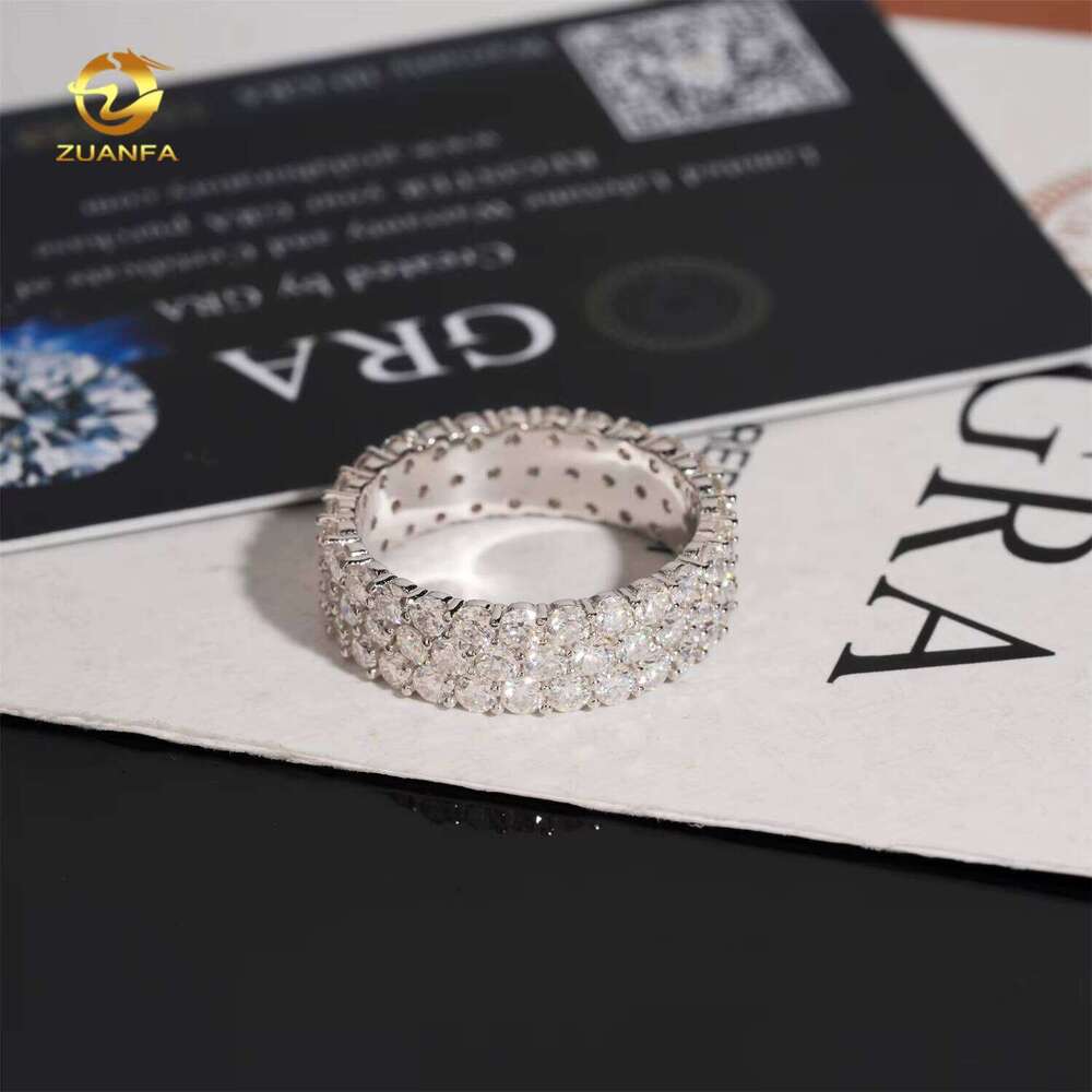 3rows Round Moissanite Band Ring Sier Gold Plated Hip Hop Style Men's Rings