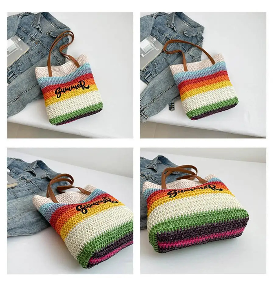 Summer woven embroidered beach bag womens tote bag large capacity single shoulder travel bag grass woven bag 250723