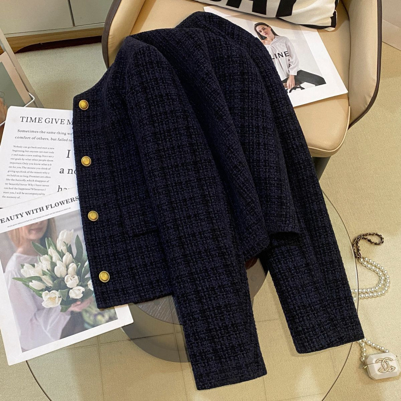 Autumn and winter socialite coat 2025 new high-end atmospheric design highlights temperament retro short top navy blue free shipping