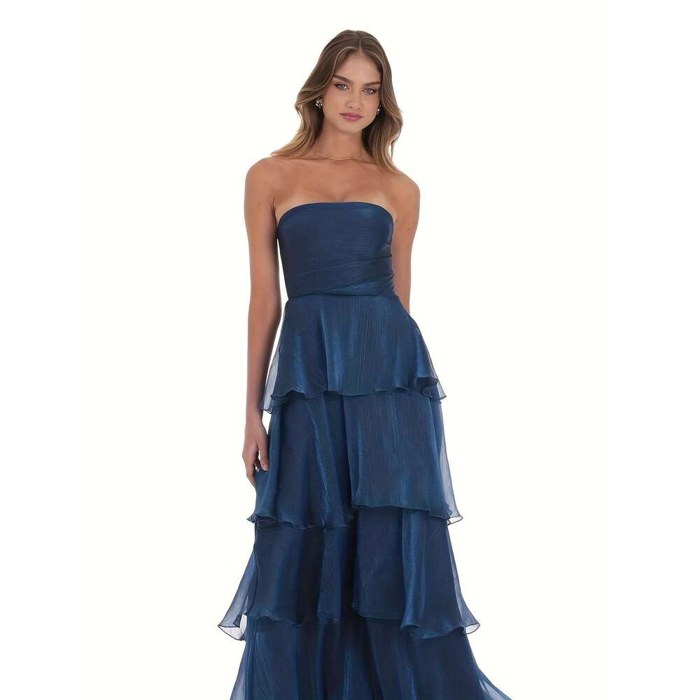 Navy Blue Layered Ruffle Hem A-Line Bridal Gown for Galas & Evening Events
