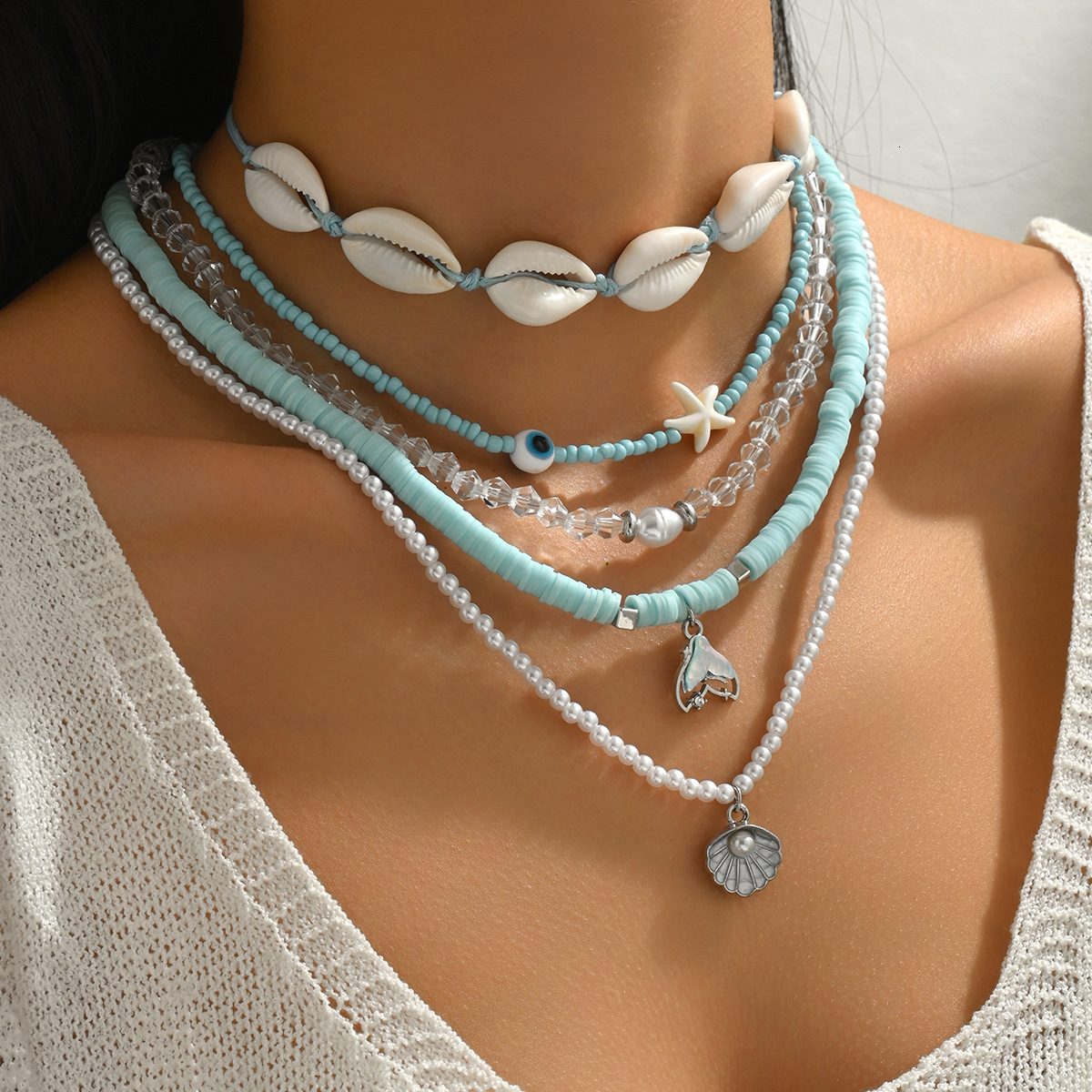 Accessories Summer Fashion Blue Beaded INS Style Shell Design High-end Sense Necklace Set Jewelry for Women