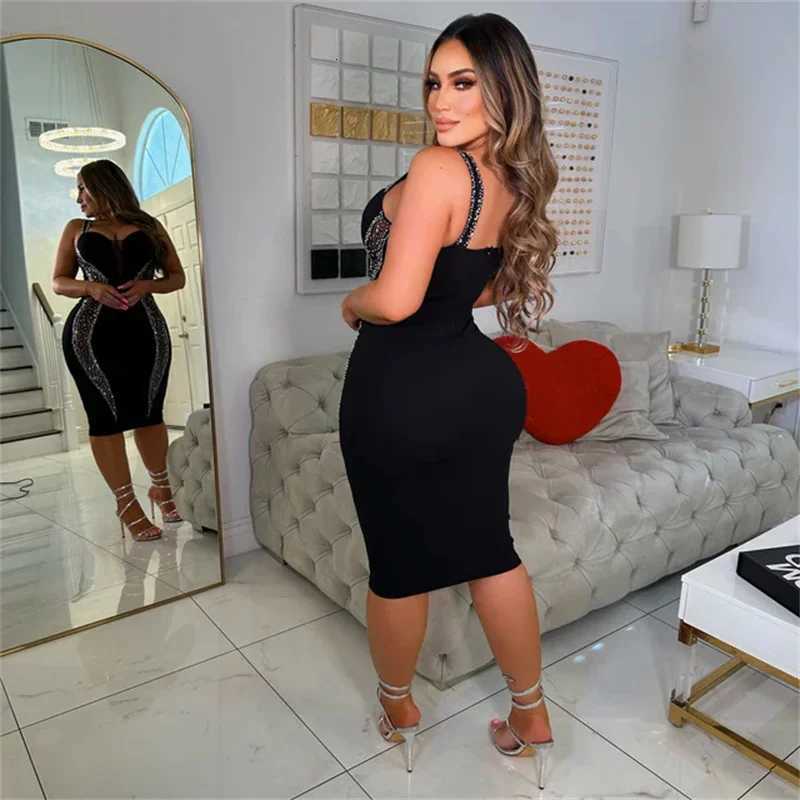 Sexy Spaghetti Strap V-neck Bandage Bodycon Dress for Women EleGant Mesh Patchwork Cocktail Party Dresses Midi Dresses Z250728