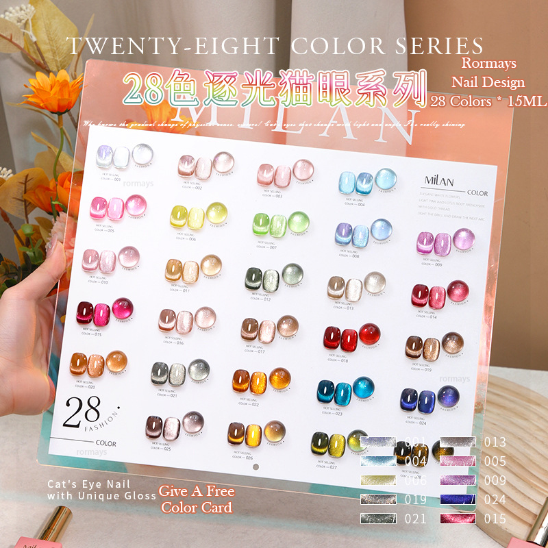 Rormays Cat's Eye gel Polished 28PCS Mixed Clearcoat Shiny Semi Permanent Star Cat's Eye Rainbow Color UVLED Primer Finish Nail Glue Salon W