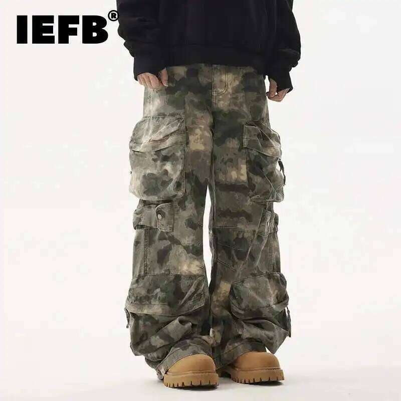 IEFB Camouflage Men's Wide Leg Pants High Street Three-dimensional Multi Pockets Bottom Tie Dye Cargo Trousers Spring 28W5107
