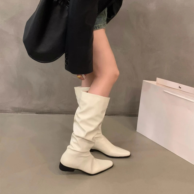 Spring and Autumn Thick Heel Fold Pile Long Knight Boots Pointed Low Heels Casual Elegant Temperament Sleeve Slim Boots 250725