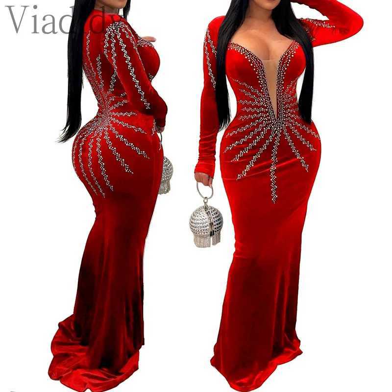 Women Sexy Velvet Mesh Rhinestone V-Neck Floor-Length Evening Party Dress Long Sleeve Back Zipper Mermaid Dresses Z250728