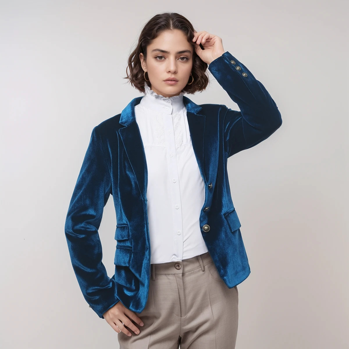 Women Vintage Blazer Jacket VNeck Work Office Suit Slim Fit Slit Long Sleeves Dressy Coat 250728