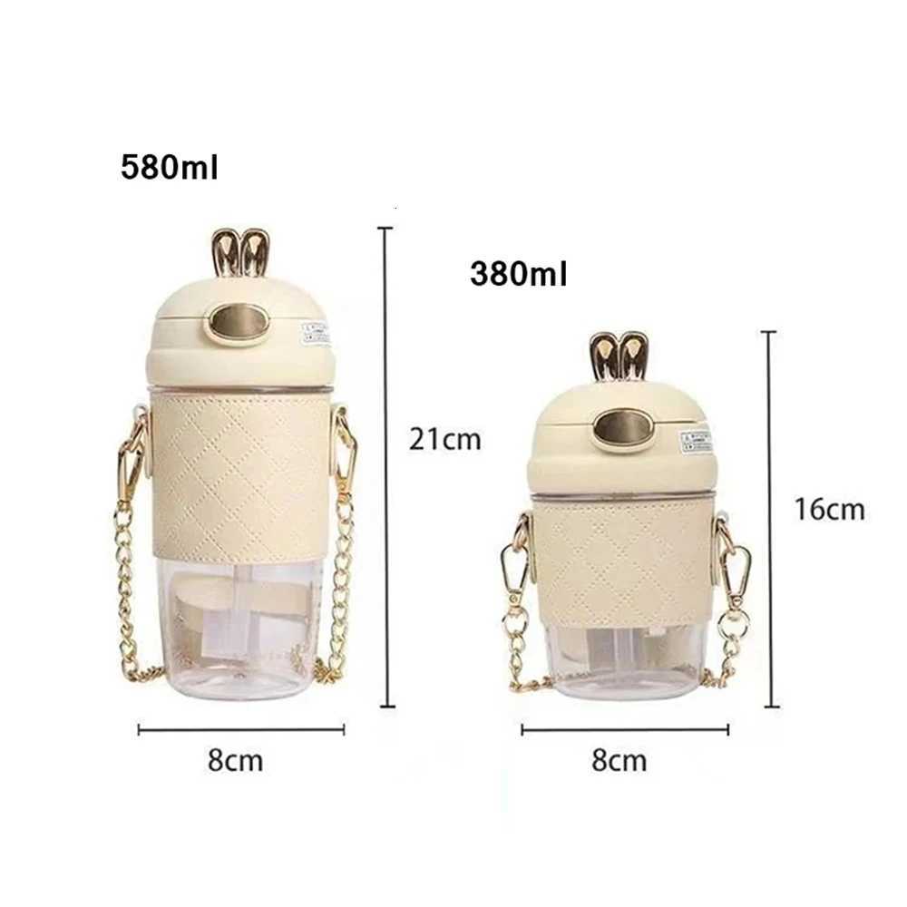 ute Rabbit Ear Plastic Water Bottles With Straw For Girls Kids Portable Strap Student Bottle With Cup Cover Anti-drop BPA Free X2507281