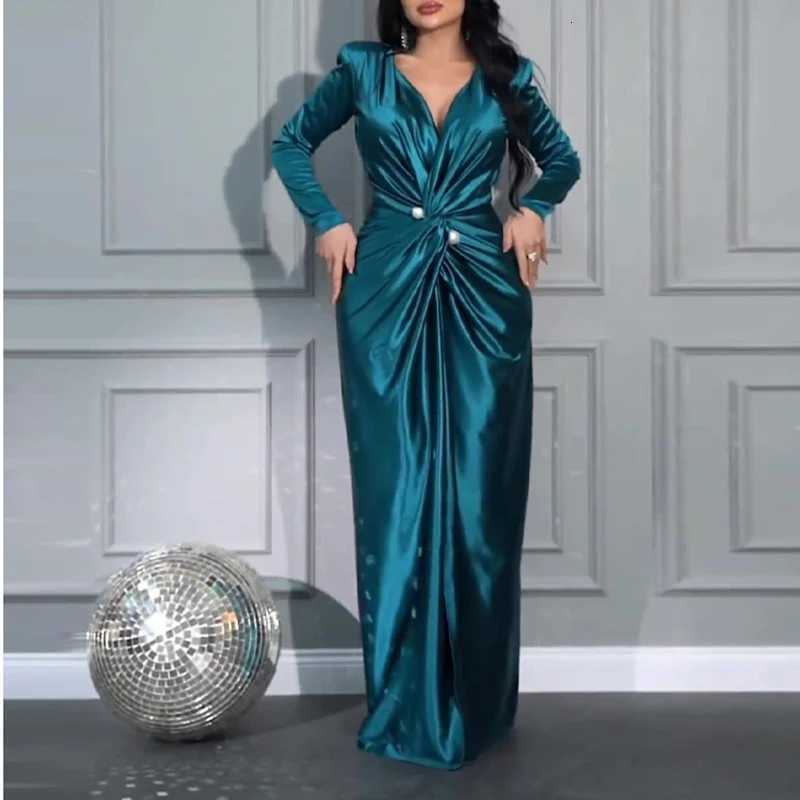 Autumn Long Sleeved Solid Banquet Dress Elegant Temperament V Neck Slim Party Dress Lady Fashion Twisted High Waist Office Dress Z250728