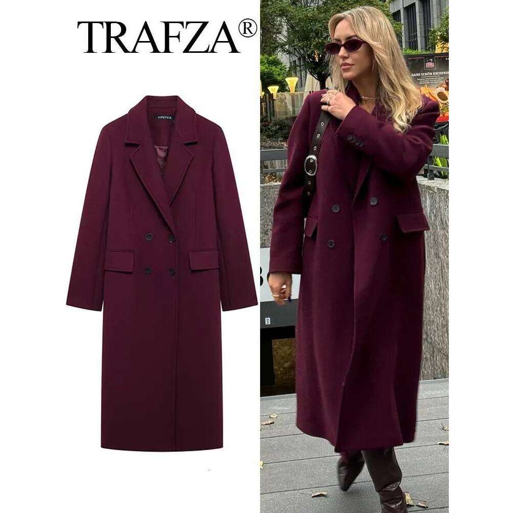 TRAFZA Women Fashion Bury Woolen Coat Double Breasted Long Sleeve Lapel Blends Jacket Autumn Winter High Street Outerwear