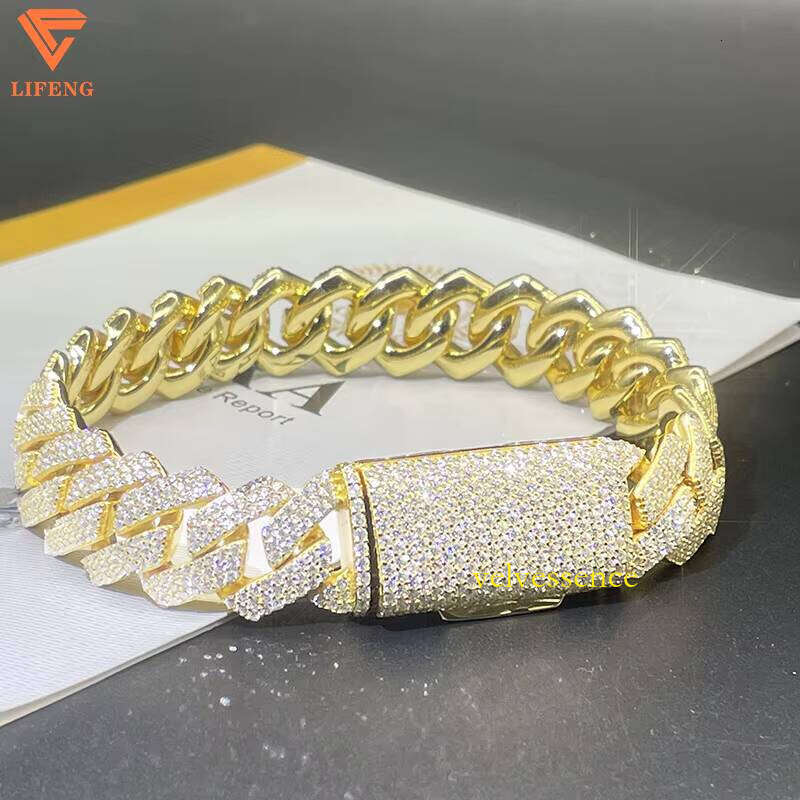 Gold Plated 10mm Sterling Sier Two Rows Moissanite Iced Flap Buckle Cuban Link Chain Bracelet for Men Hip Hop Jewelry