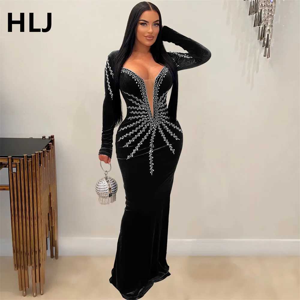HLJ Fashion Pearls Rhinestones Deep V Bodycon Party Club Dresses Women Round Neck Long Sleeve Velvet Dresses Sexy Mermaid Dress Z250728