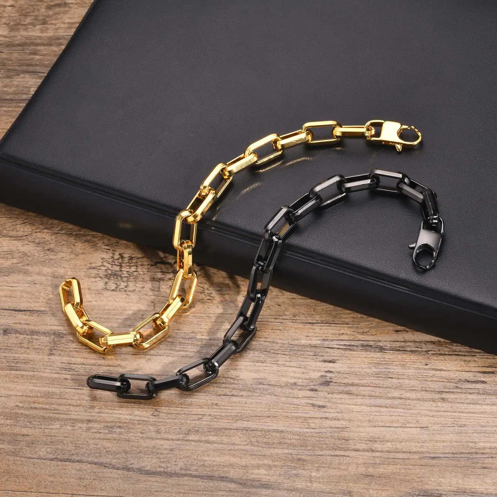 Rectangle Chain Bracelets for Men Boys Gold Color Stainless Steel Chain Link Wristband Stylish Trendy Jewelry Gift W250728