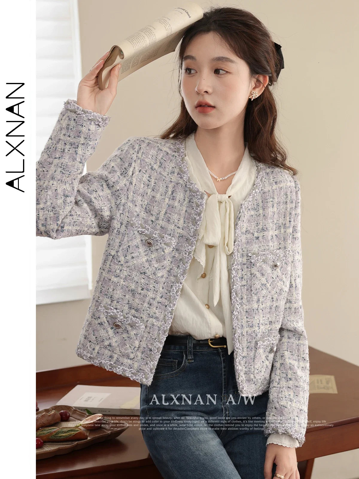 ALXNAN Womens Oneck Cropped Tweed Jacket Autumn Winter Straight Single Breasted Long Sleeve Coat Sold Separately LXN31307 250728