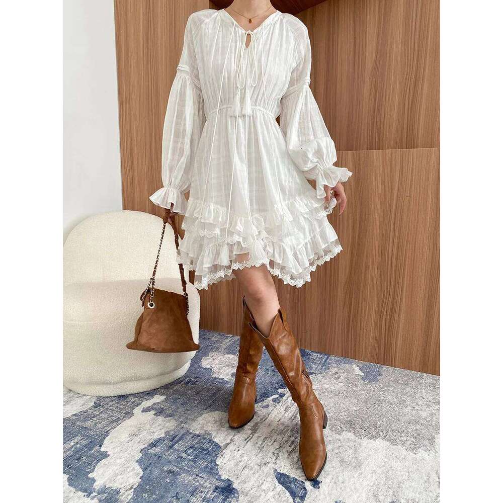 Designer Clothing 2025 Spring And Autumn Women's White Holiday Casual Solid Color V-Neck Long Sleeve Irregular Dress