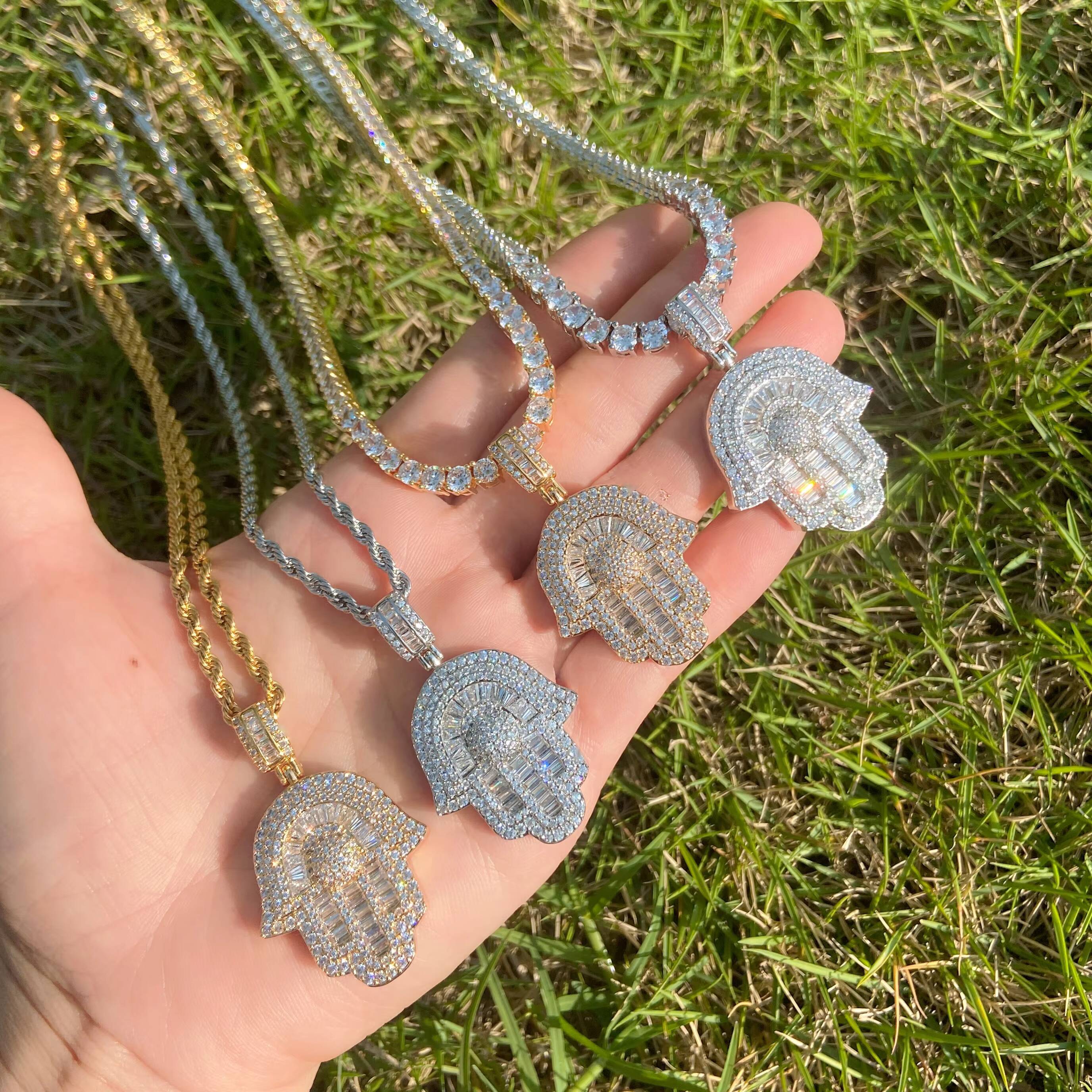 Hip Hop Antique Pendant Charms Gold Crystal Stone Iced Baguette Hamsa Hands Brass Necklace with Zircon Paved Hand Jewelry Making