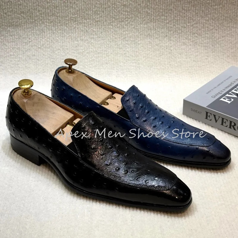2025 Mens Elegant Ostrich Texture Leather Slip On Loafers Navy Blue Comfortable Low Heel Dress Shoes Business Formal Shoes 250723