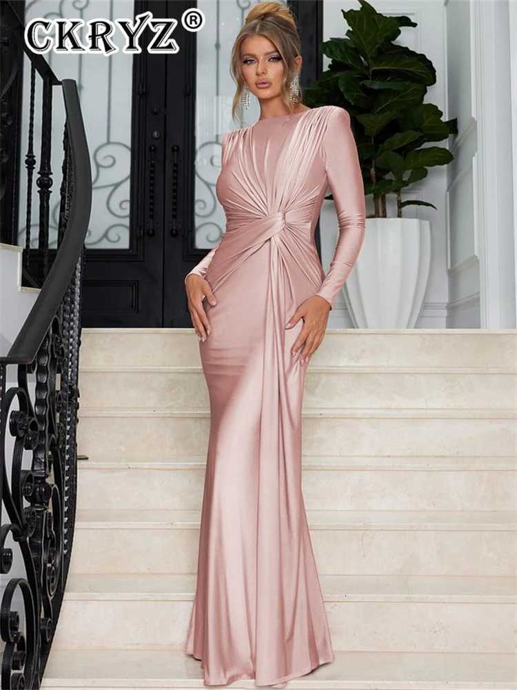 Ladies Elegant Evening Party Dress Women Long Sleeve O-Neck Ruched Fashion Long Dresses Women Night Club Streetwear Fall Outfit Z250728