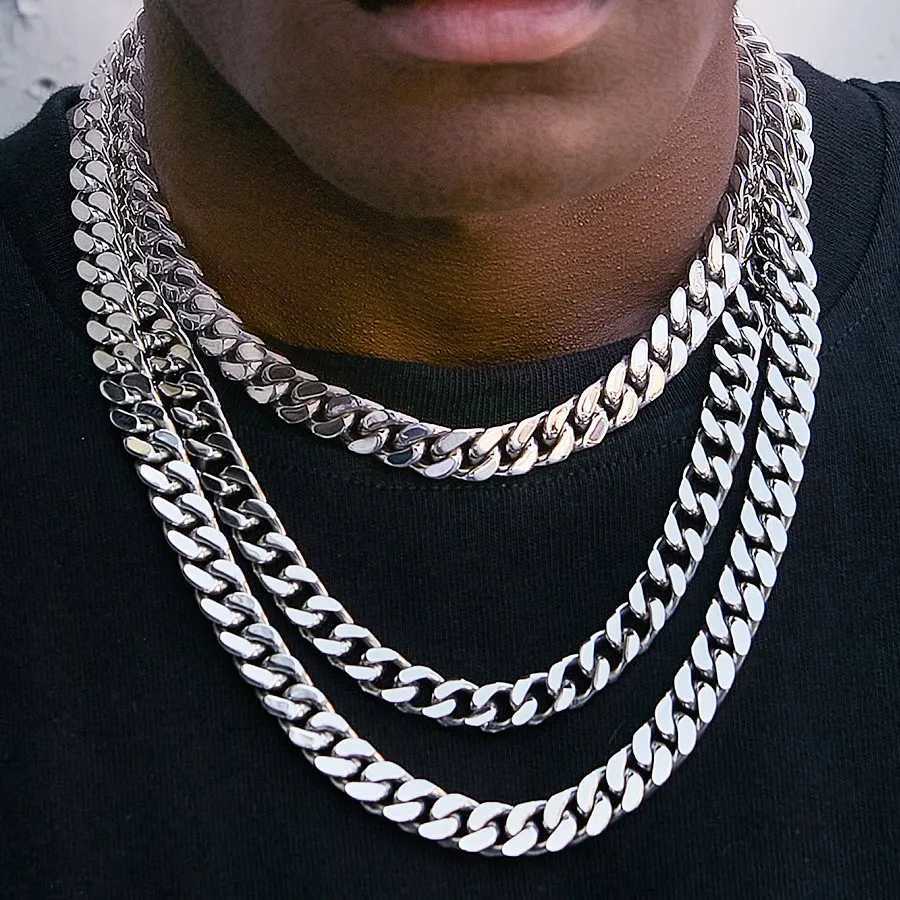 8MM-14MM Stainless Steel Cuban Chain Necklace for Men Punk Thick Long Neck Male Jewelry Silver Color XJ250708