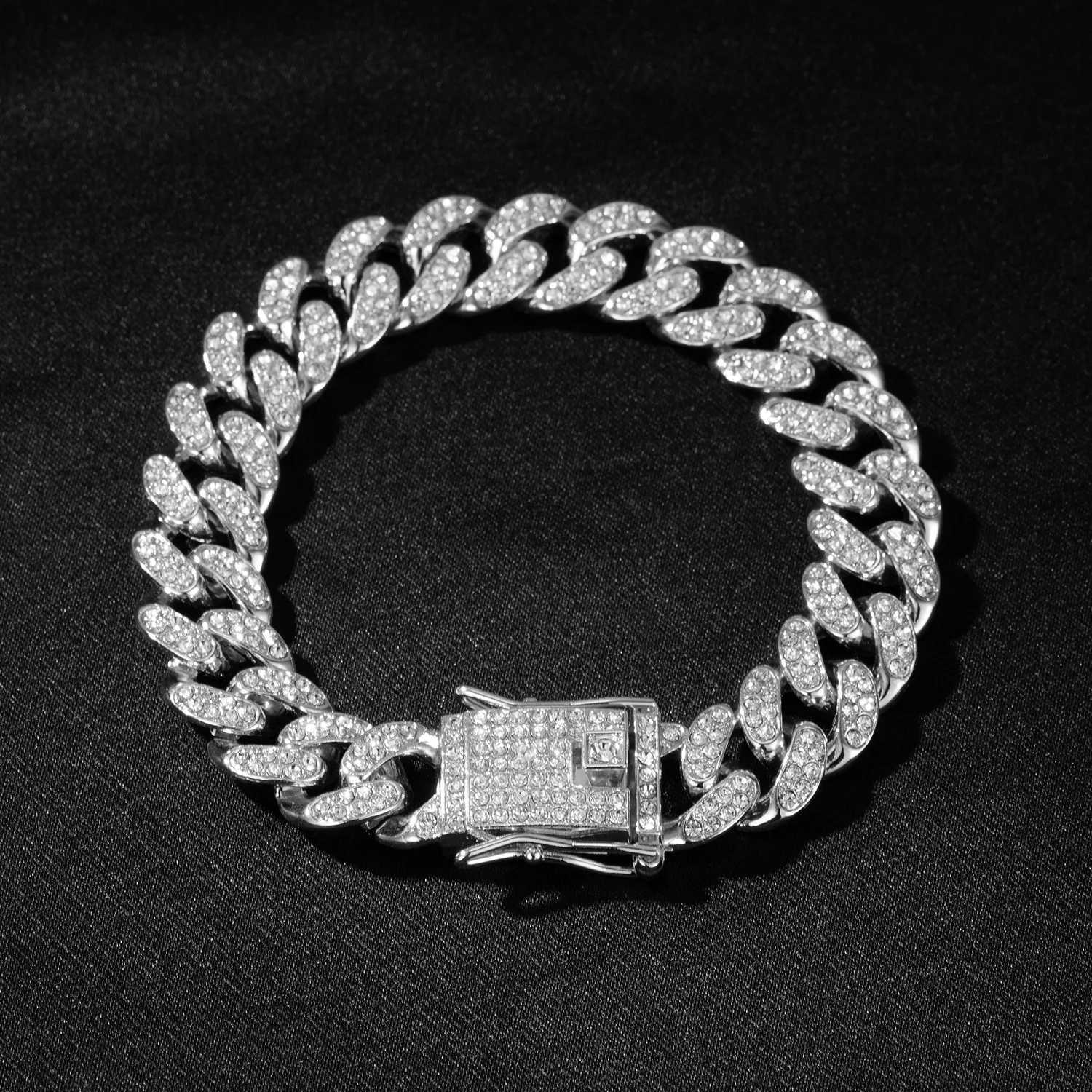 13MM 2 Row Rhinestone Paved Miami Rhombus Cuban Chain Hip Hop Men Women Prong Cuban Link Chain Bracelet Iced Out Men Jewelry W250728