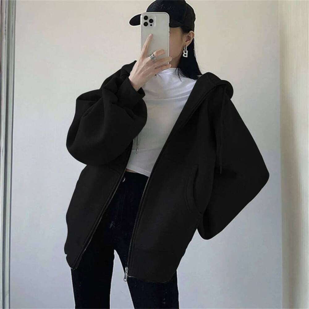 Women Loose Hooded Sweatshirt Jacket 2025 Spring Fall Solid Zipper Long Sleeve Coat Oversize Vintage Korean Hoodies Casual Wear
