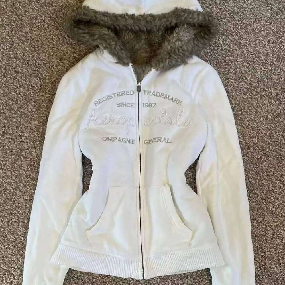 Haruku Korean Aesthetic Vintage Letter Fur Collar Hooded Sweatshirt Kawaii Autumn Winter Clothes Women Y2k Zip Up Hoodie