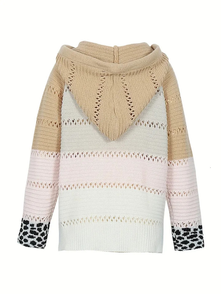 Plus Size Womens Autumn and Winter Pop Hooded Leopard Print Color Block Sweater Casual Style Acrylic Material 250728