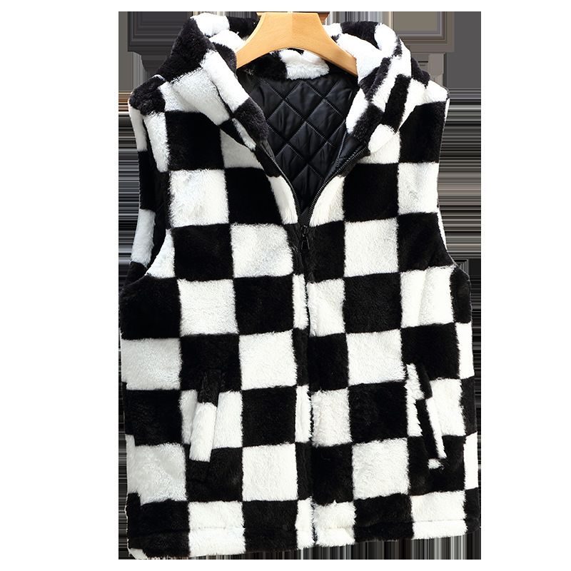 Men's Shearling Cotton Vest Trendy Ins Hong Kong Style Quilted Check Sleeveless Fleece Gilet for Autumn & Winter Couples Style 2025